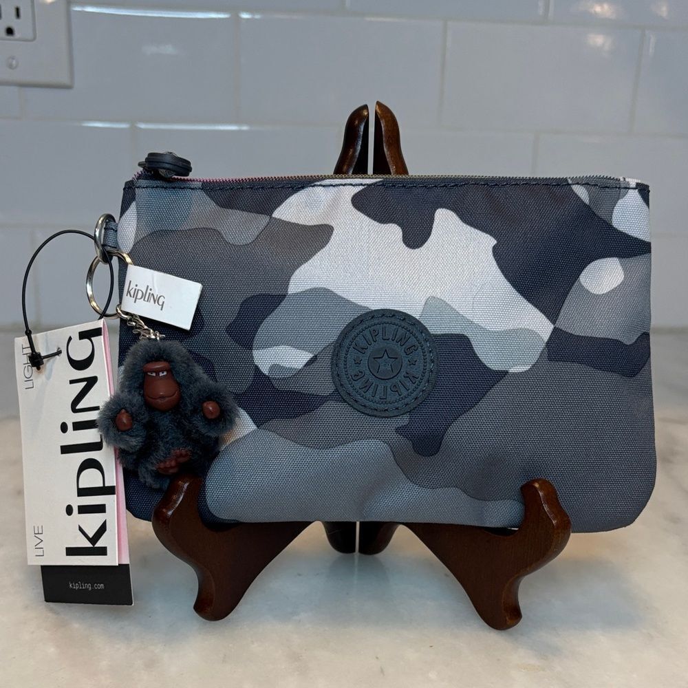 Kipling Creativity L Large Pouch Wristlet Clutch Grey Camouflage NWT